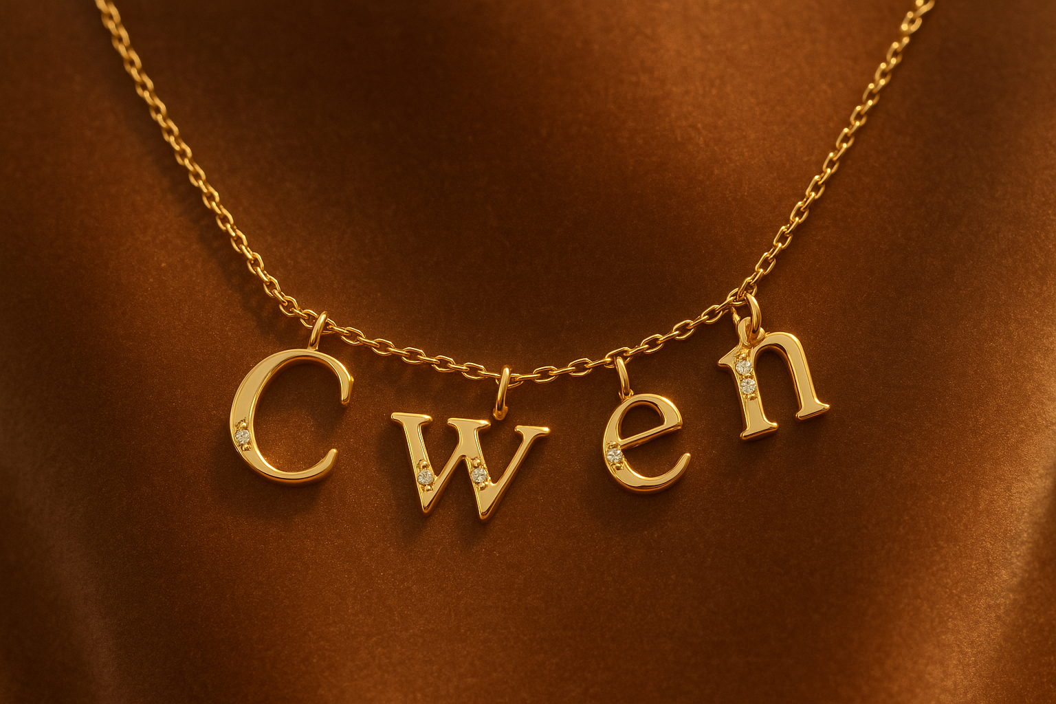 jewelry spelling out "Cwen"